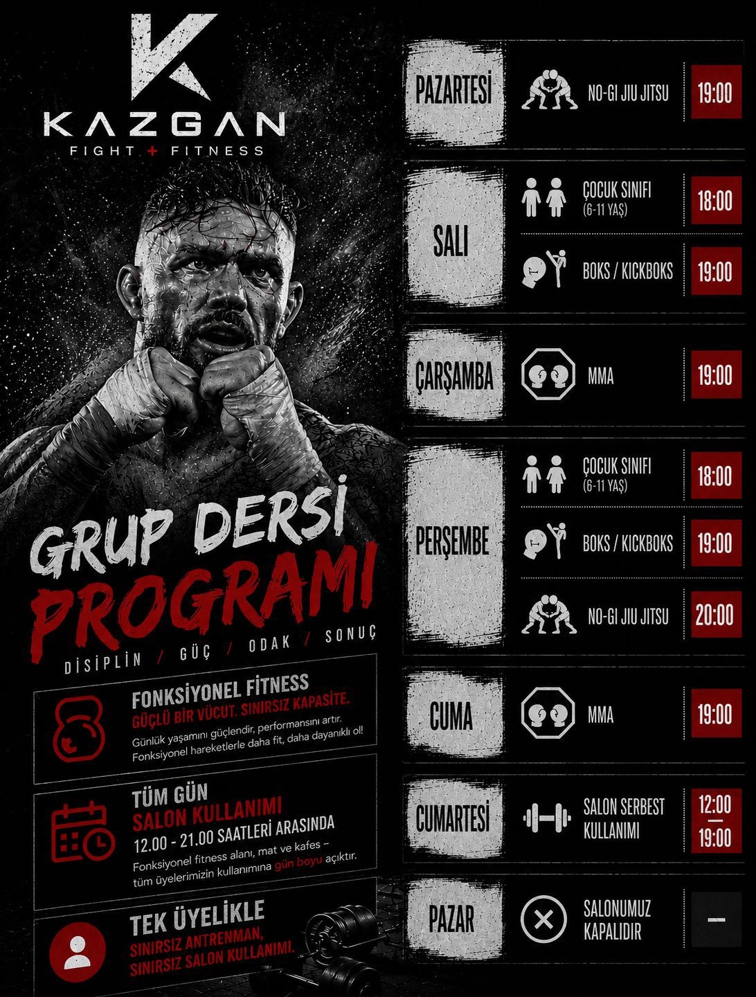 Kazgan Fight + Fitness İstanbul Grup Dersi Programı